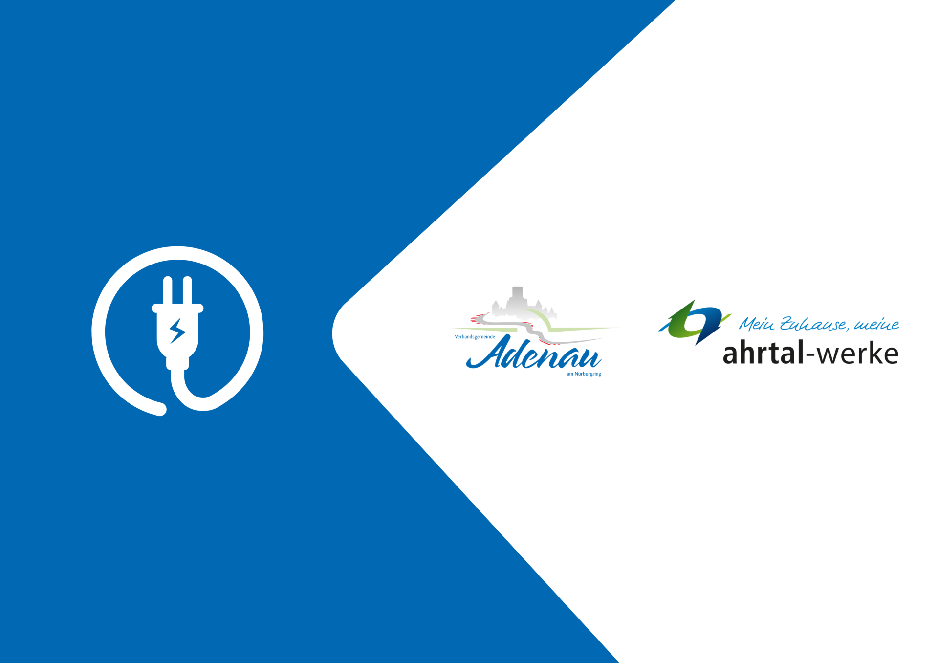 Grafik mit blau-weißem Hintergrund. Links ein weißes Stromstecker-Symbol in einem Kreis auf blauem Feld. Rechts auf weißem Hintergrund die Logos der Verbandsgemeinde Adenau und der ahrtal-werke nebeneinander.