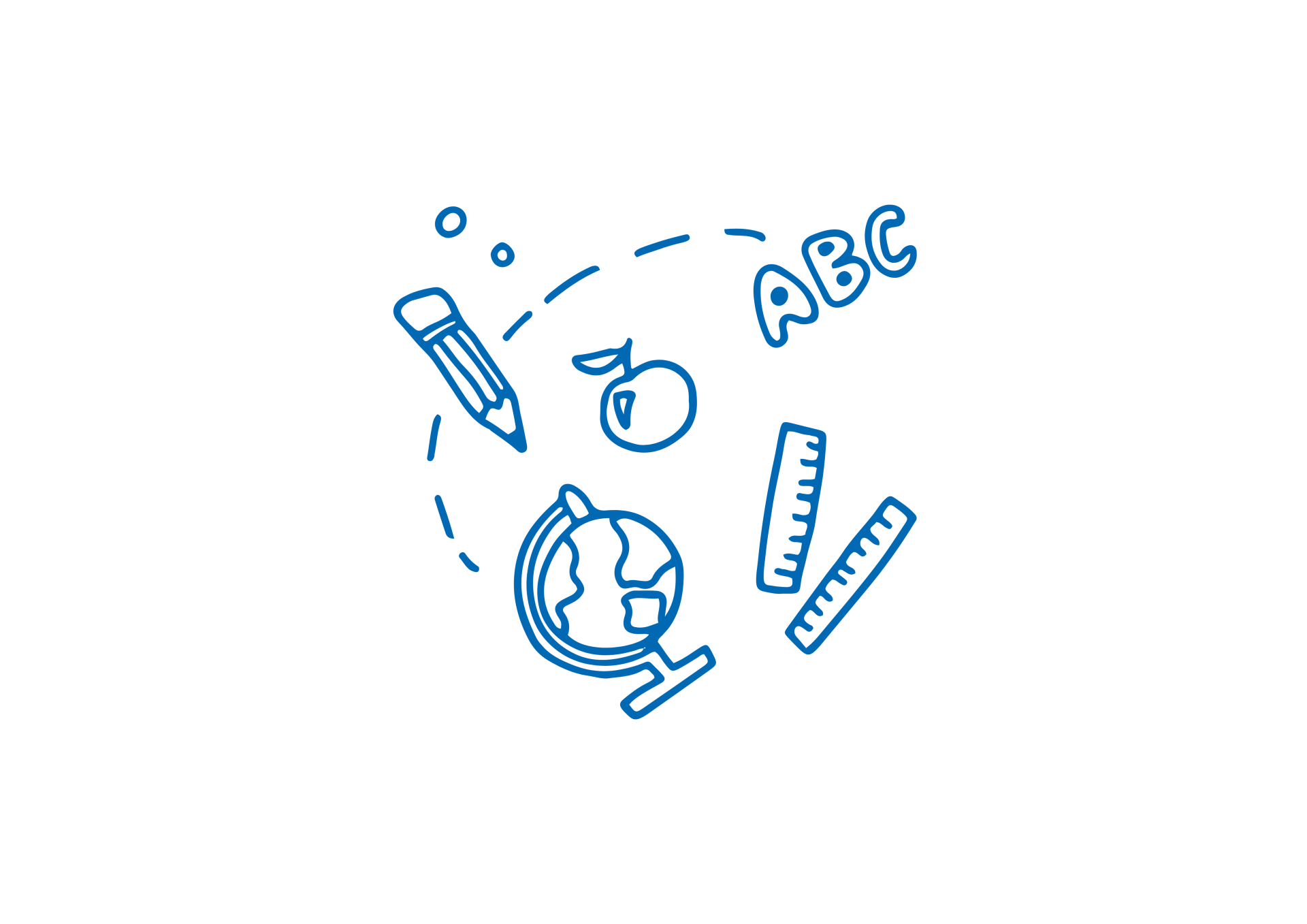 Blaue Linienzeichnung mit Schulsymbolen: ein Bleistift, ein Apfel, zwei Lineale, ein Globus und die Buchstaben „ABC“, angeordnet in einem Kreis auf weißem Hintergrund.