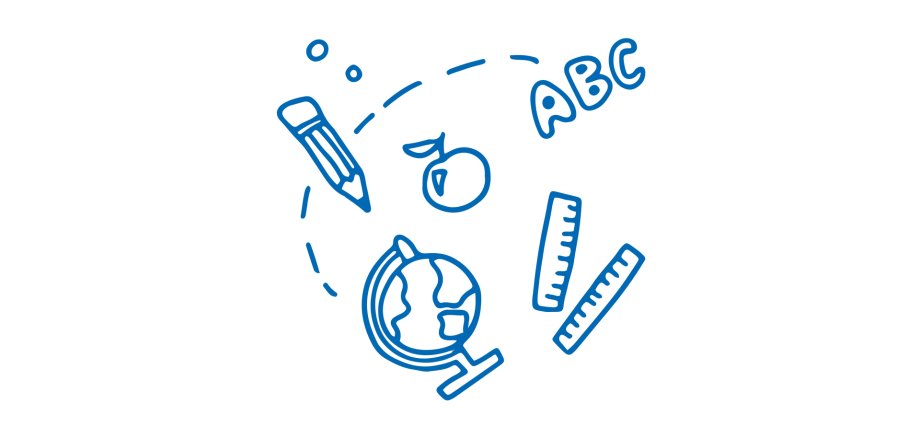 Blaue Linienzeichnung mit Schulsymbolen: ein Bleistift, ein Apfel, zwei Lineale, ein Globus und die Buchstaben „ABC“, angeordnet in einem Kreis auf weißem Hintergrund.