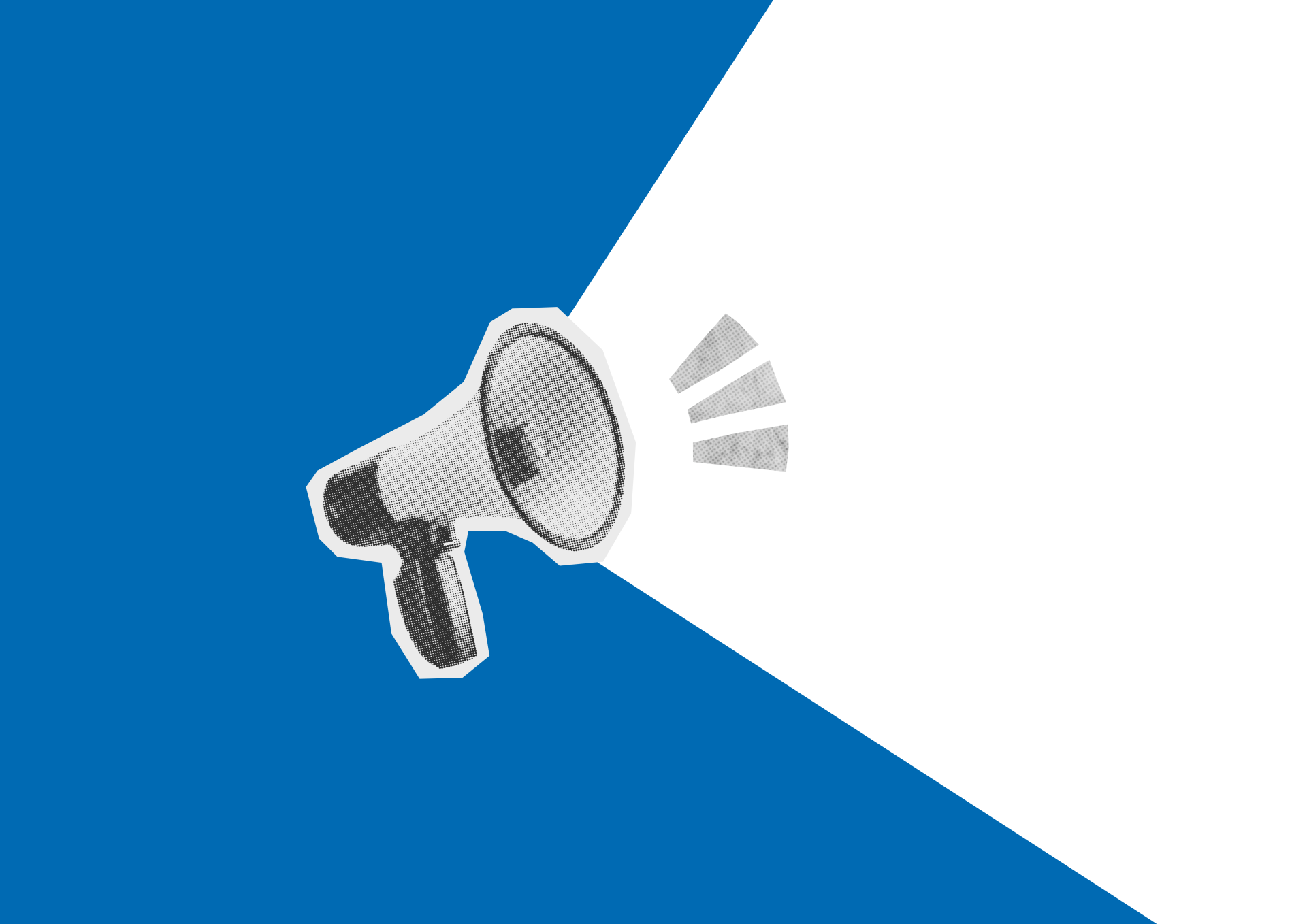 ein blau - weiß geteiltes Bild mit einem Megaphone
