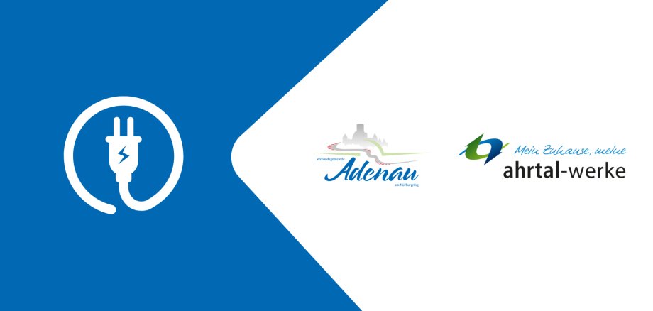 Grafik mit blau-weißem Hintergrund. Links ein weißes Stromstecker-Symbol in einem Kreis auf blauem Feld. Rechts auf weißem Hintergrund die Logos der Verbandsgemeinde Adenau und der ahrtal-werke nebeneinander.