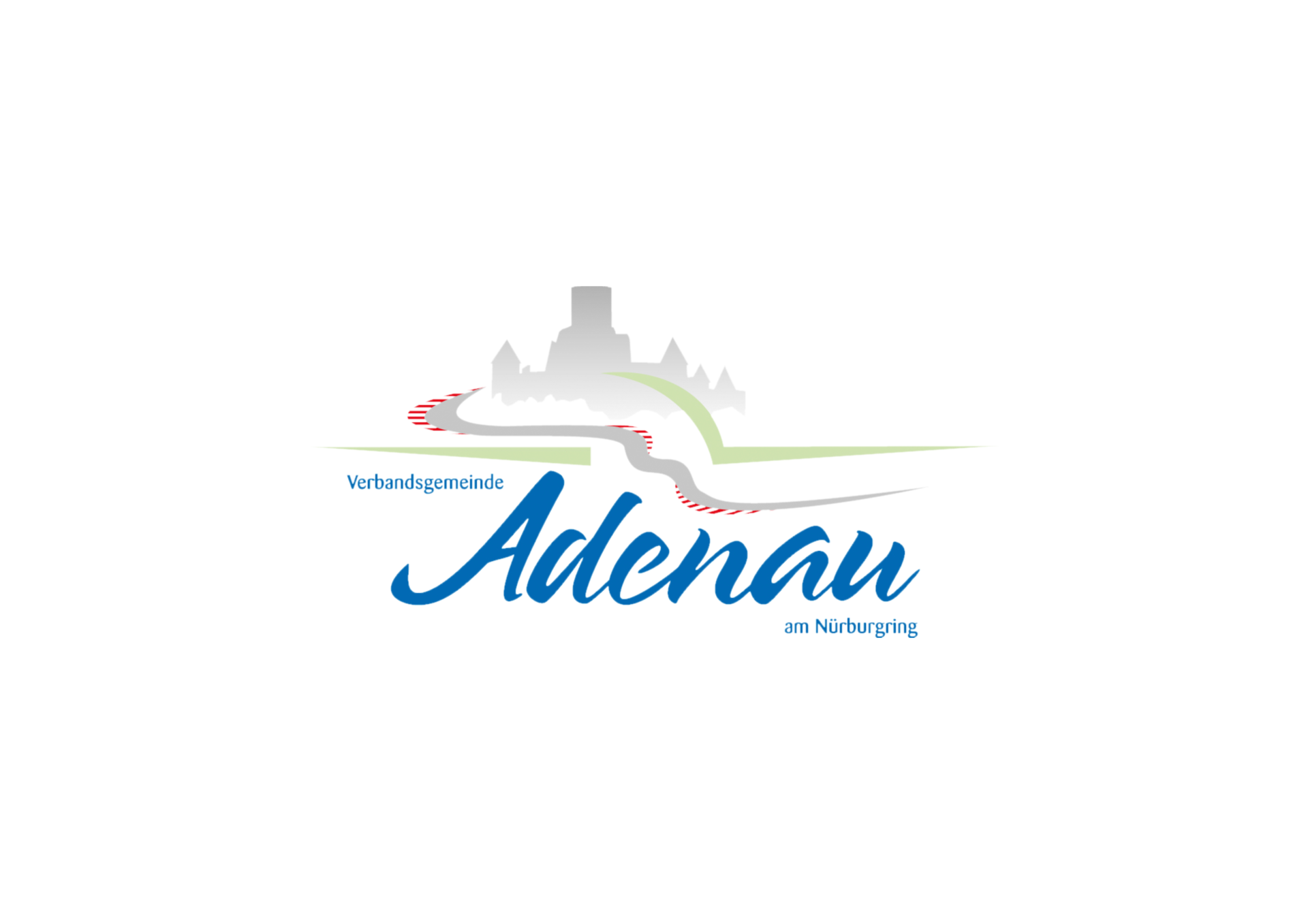 Logo der Verbandsgemeinde Adenau am Nürburgring mit dem Schriftzug „Adenau“, einer stilisierten Burgsilhouette und einem geschwungenen Weg in Grüntönen.