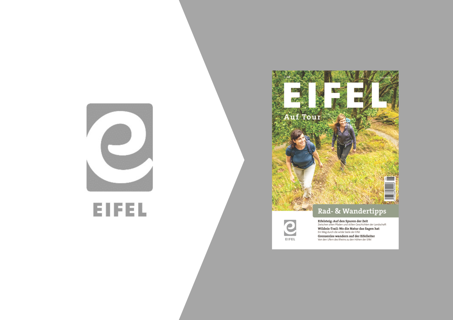 Titelbild des Eifel Magazins „Auf Tour 2026“: Zwei Wanderinnen sind auf einem naturbelassenen Waldweg unterwegs. Das Magazin bewirbt thematische Rad- und Wandertipps in der Eifel.