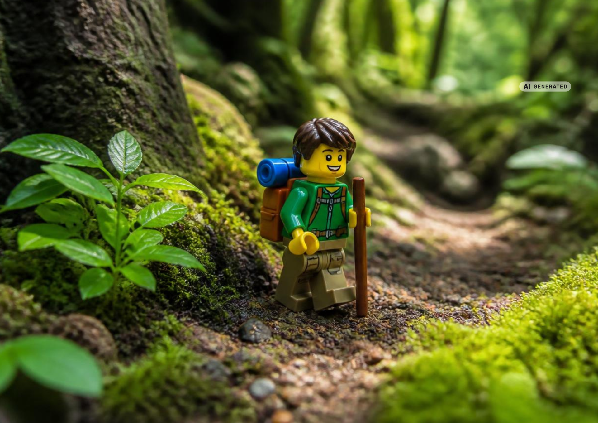 Eine LEGO® Minifigur mit grünem Oberteil, Rucksack und Wanderstock steht auf einem schmalen Waldweg. Der Weg führt durch einen dichten, grünen Wald mit moosbedeckten Steinen und Baumstämmen. Im Hintergrund ist unscharfe Waldvegetation zu erkennen. Oben rechts befindet sich der Hinweis „AI Generated“.