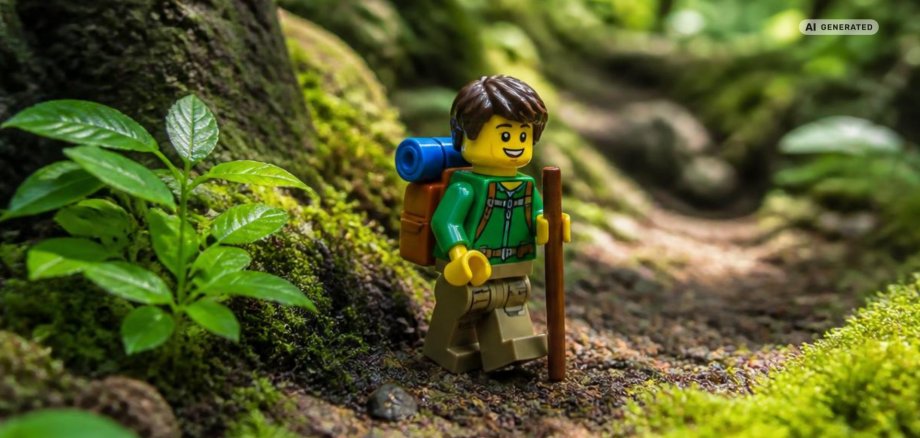 LEGO® Minifigur auf Entdeckungstour in der Natur Eine LEGO® Minifigur mit grünem Oberteil, Rucksack und Wanderstock steht auf einem schmalen Waldweg. Der Weg führt durch einen dichten, grünen Wald mit moosbedeckten Steinen und Baumstämmen. Im Hintergrund ist unscharfe Waldvegetation zu erkennen. Oben rechts befindet sich der Hinweis „AI Generated“.