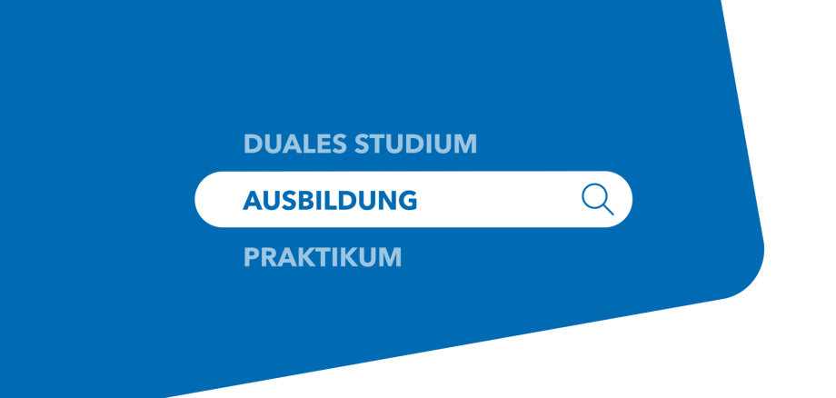 Suchleiste für Ausbildungsangebote Grafik mit einer Suchleiste, in der das Wort „Ausbildung“ hervorgehoben ist. Darüber steht „Duales Studium“, darunter „Praktikum“. Rechts in der Suchleiste befindet sich ein Lupen-Symbol.
