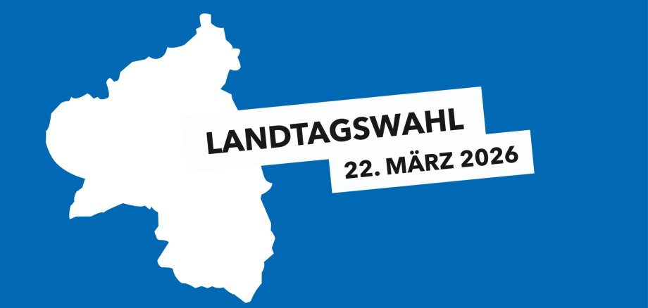Landtagswahl Rheinland-Pfalz 2026 Karte von Rheinland-Pfalz. Darüber ein weißes Banner mit schwarzer Schrift: „Landtagswahl 22. März 2026“.