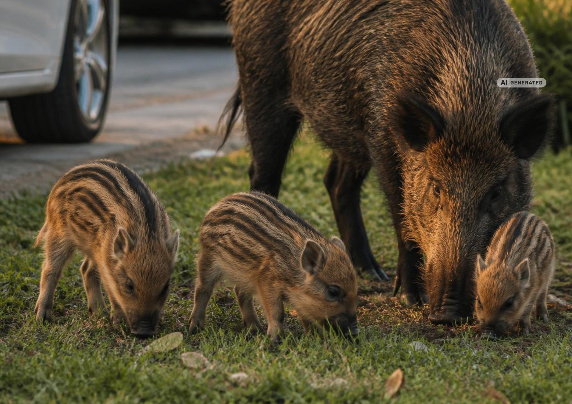 Dunkelbraunes Wildschwein mit drei jungen Frischlingen auf einer Wiese. Die Tiere haben ihre Köpfe zum Boden gesenkt und suchen nach Nahrung. Die Frischlinge zeigen das typische gestreifte Fellmuster. Links im Hintergrund ist ein Teil eines geparkten Autos sichtbar.