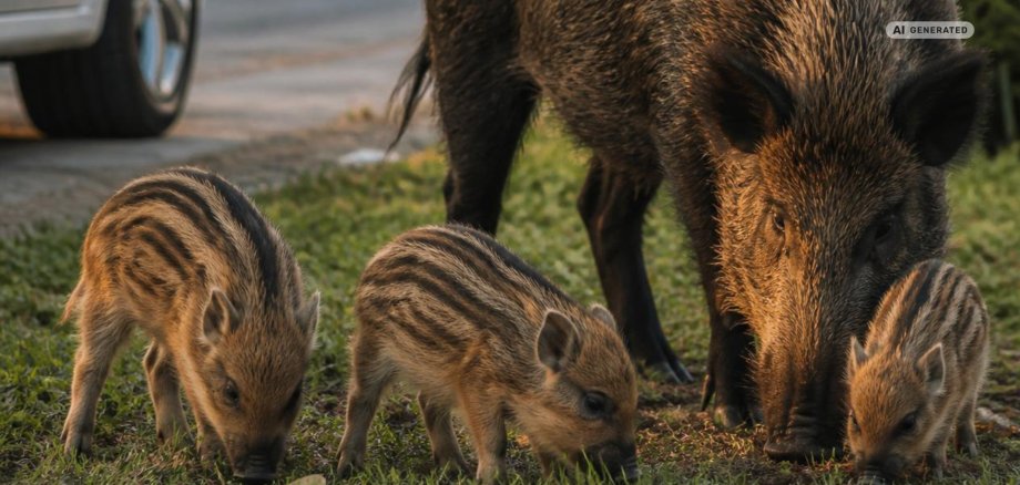 Wildschwein mit Frischlingen auf einer Grünfläche Dunkelbraunes Wildschwein mit drei jungen Frischlingen auf einer Wiese. Die Tiere haben ihre Köpfe zum Boden gesenkt und suchen nach Nahrung. Die Frischlinge zeigen das typische gestreifte Fellmuster. Links im Hintergrund ist ein Teil eines geparkten Autos sichtbar.