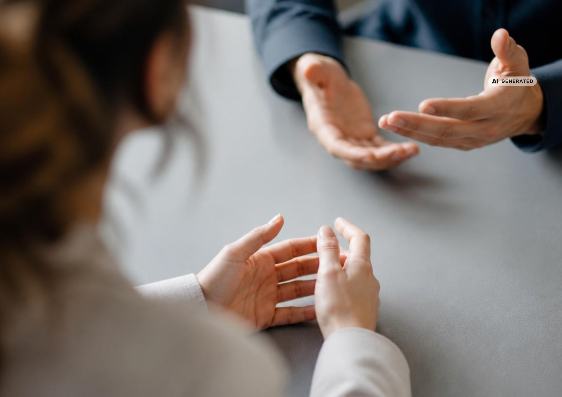 An einem Tisch sitzen zwei Personen in einem Beratungsgespräch. Im Vordergrund sind die Hände einer Person zu sehen, während die gegenüber sitzende Person mit geöffneten Händen gestikuliert. Das Bild symbolisiert Beratung, Unterstützung und den persönlichen Austausch in einer niedrigschwelligen Anlaufstelle.