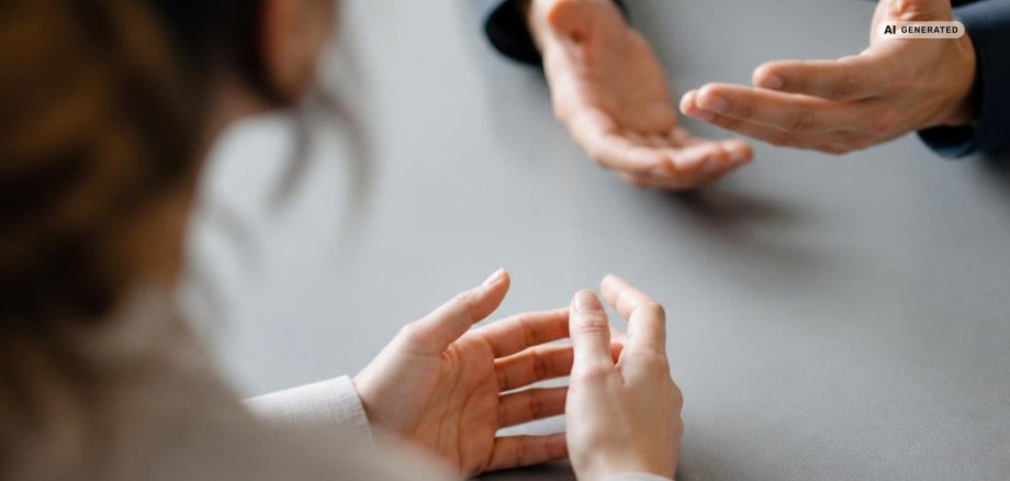 Neue Kontakt- und Informationsstelle für Menschen mit Behinderungen in Adenau An einem Tisch sitzen zwei Personen in einem Beratungsgespräch. Im Vordergrund sind die Hände einer Person zu sehen, während die gegenüber sitzende Person mit geöffneten Händen gestikuliert. Das Bild symbolisiert Beratung, Unterstützung und den persönlichen Austausch in einer niedrigschwelligen Anlaufstelle.