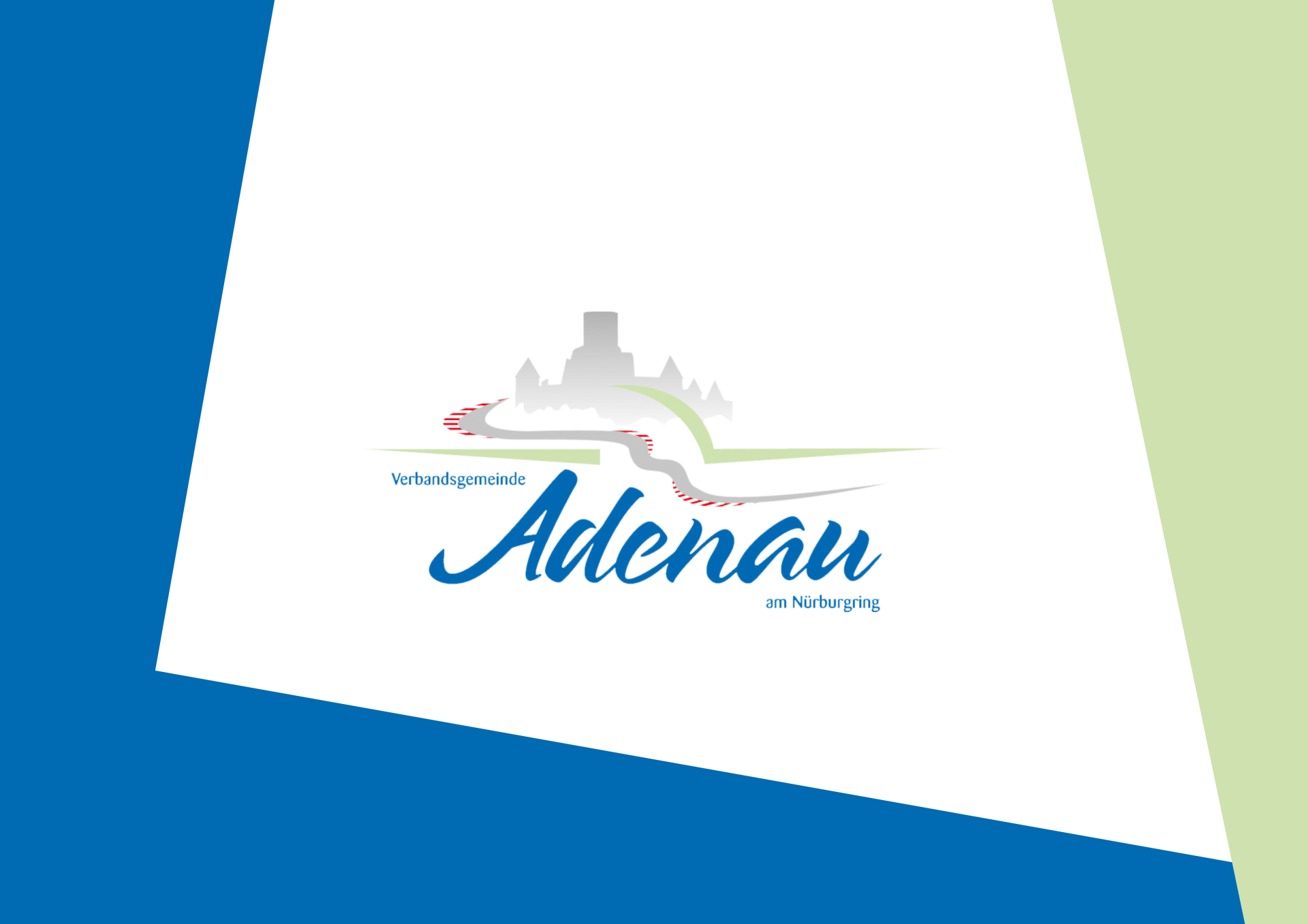 Logo der Verbandsgemeinde Adenau am Nürburgring mit dem Schriftzug „Adenau“, einer stilisierten Burgsilhouette und einem geschwungenen Weg in Grüntönen.
