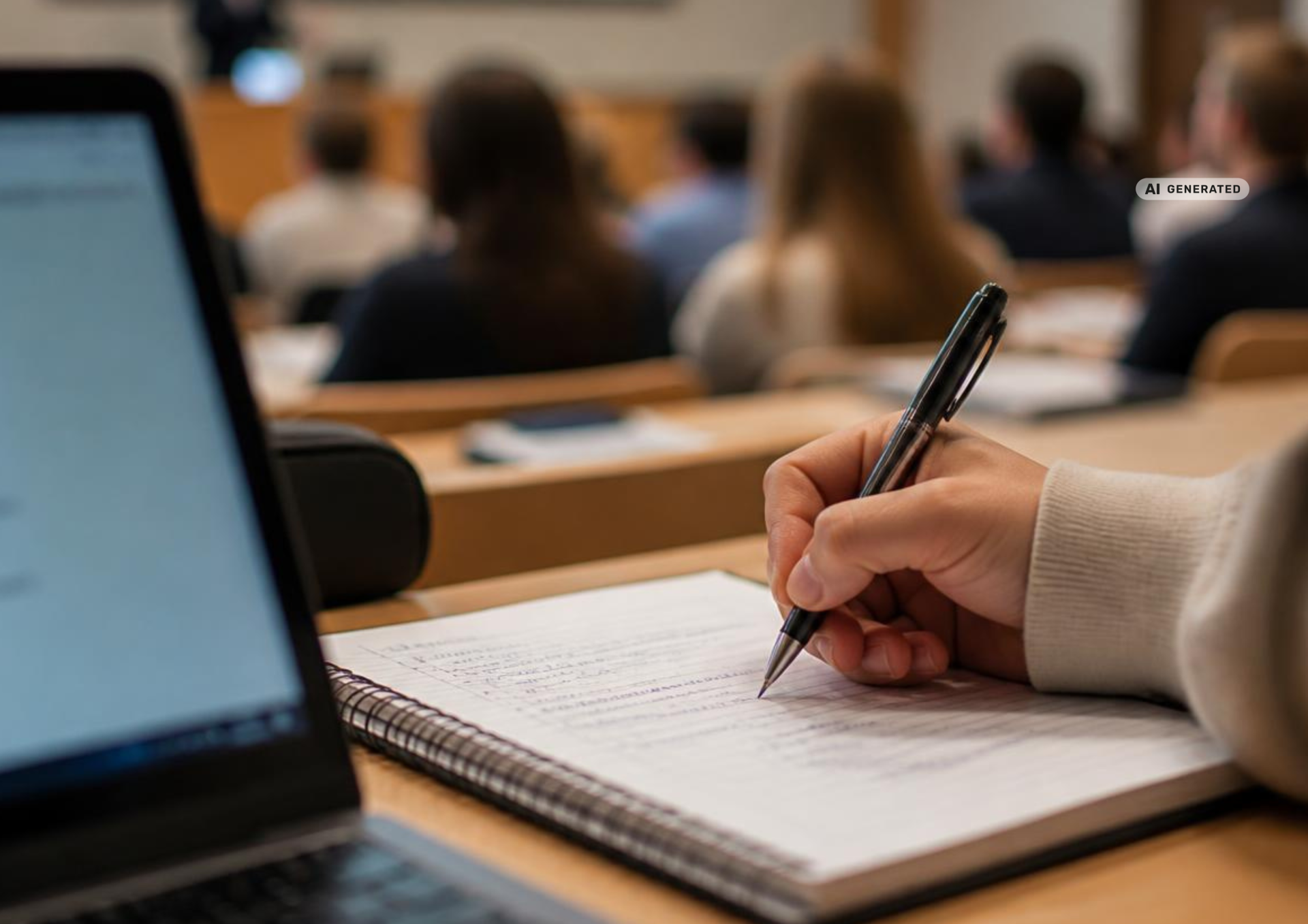 Nahaufnahme einer Hand, die mit einem Stift Notizen in einem Spiralblock macht. Im Vordergrund ist ein unscharfer Laptop zu sehen. Im Hintergrund sitzen mehrere Personen in einem Hörsaal oder Seminarraum und verfolgen eine Veranstaltung. Das Bild symbolisiert Lernen, Bildung und Wissensvermittlung.