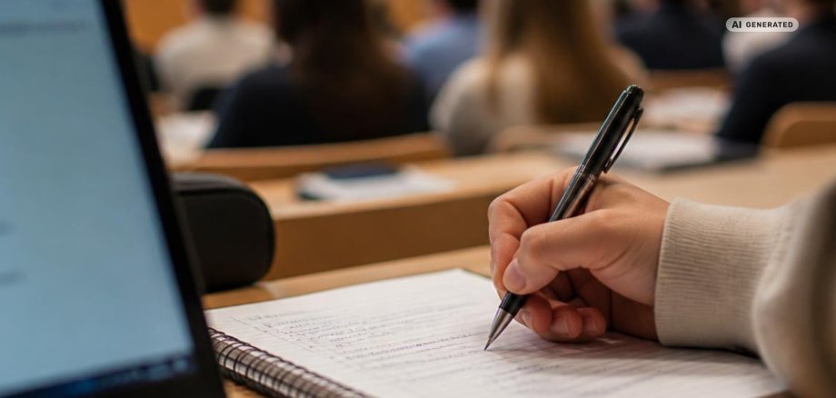 Nahaufnahme einer Hand, die mit einem Stift Notizen in einem Spiralblock macht. Im Vordergrund ist ein unscharfer Laptop zu sehen. Im Hintergrund sitzen mehrere Personen in einem Hörsaal oder Seminarraum und verfolgen eine Veranstaltung. Das Bild symbolisiert Lernen, Bildung und Wissensvermittlung.