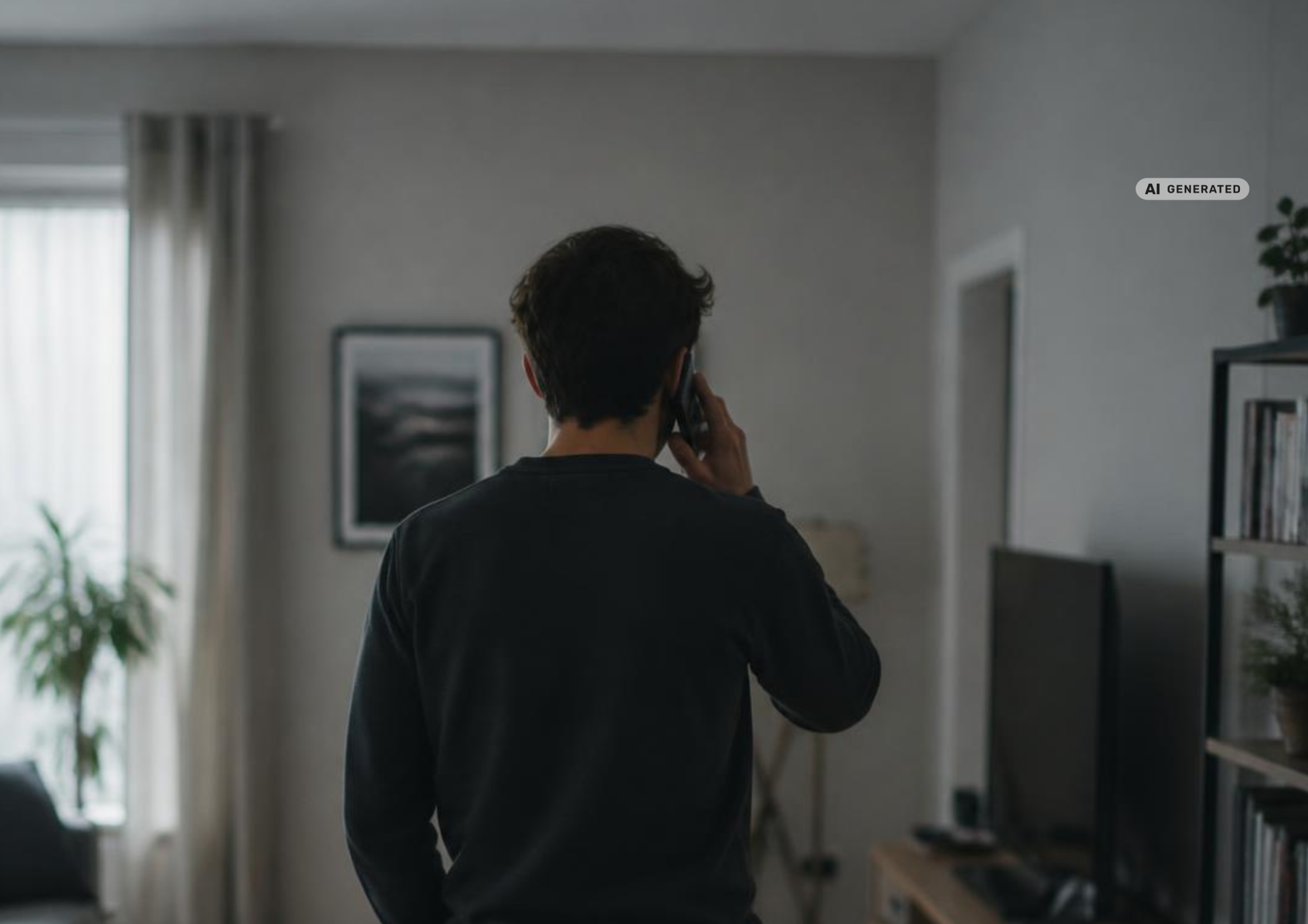 Eine Person steht in einem Wohnraum und telefoniert mit einem Mobiltelefon. Im Hintergrund sind ein Fenster, Möbel und ein Regal zu sehen. Das Symbolbild veranschaulicht die Warnung vor betrügerischen Telefonanrufen, bei denen sich Anrufer fälschlicherweise als Polizeibeamte ausgeben.