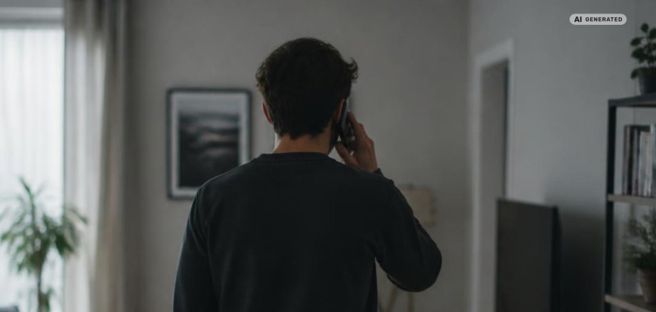 Eine Person steht in einem Wohnraum und telefoniert mit einem Mobiltelefon. Im Hintergrund sind ein Fenster, Möbel und ein Regal zu sehen. Das Symbolbild veranschaulicht die Warnung vor betrügerischen Telefonanrufen, bei denen sich Anrufer fälschlicherweise als Polizeibeamte ausgeben.
