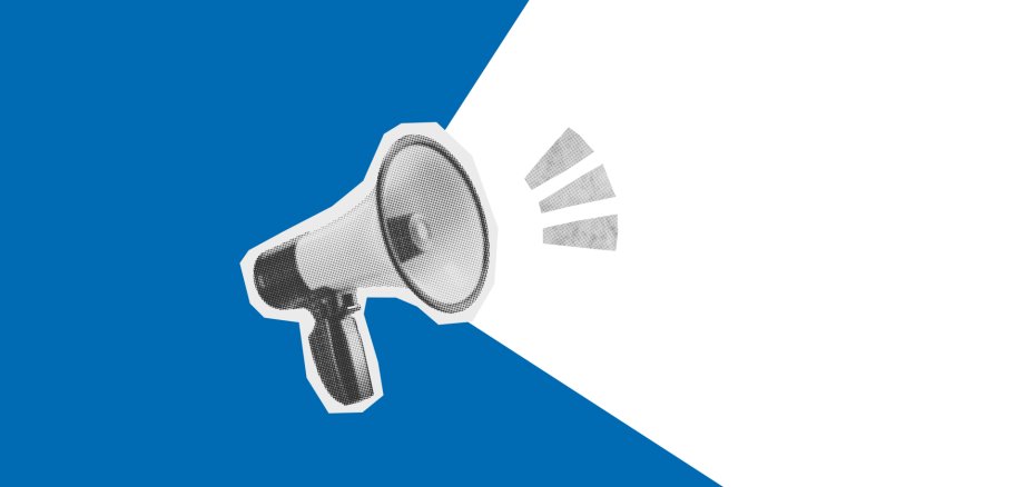 Aufruf ein blau - weiß geteiltes Bild mit einem Megaphone