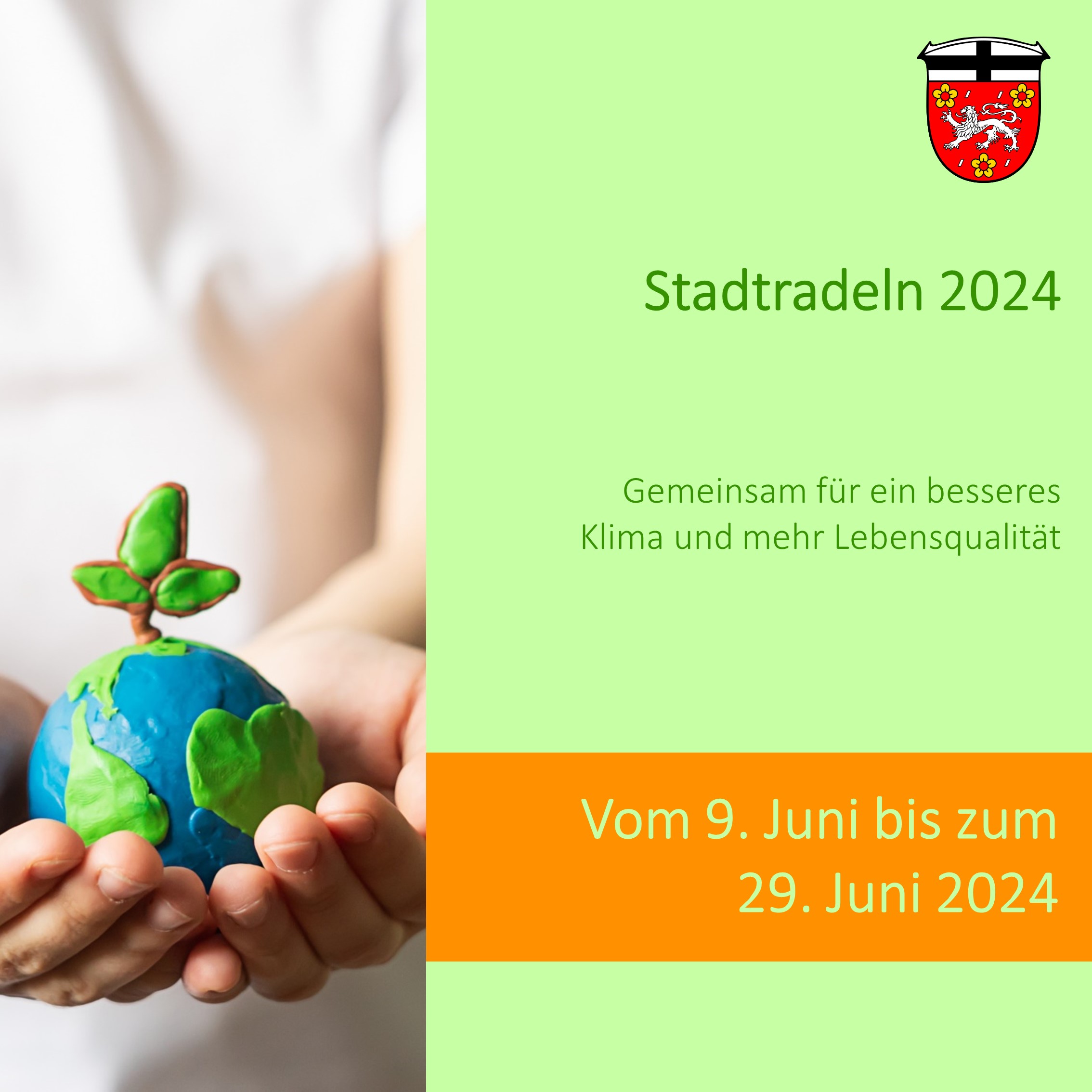 Auf dem Bild sind die Wappen der Verbandsgemeinden Adenau und Altenahr zu sehen. Zudem ist ein Bild zu sehen, auf dem zwei Hände eine kleine Erdkugel hält auf der ein Spross steht. Auf der Abbildung ist zudem Text zu finden der wie folgt lautet: Stadtradeln 2024, Gemeinsam für ein besseres Klima und mehr Lebensqualität, Vom 9. Juni bis zum 29. Juni 2024.