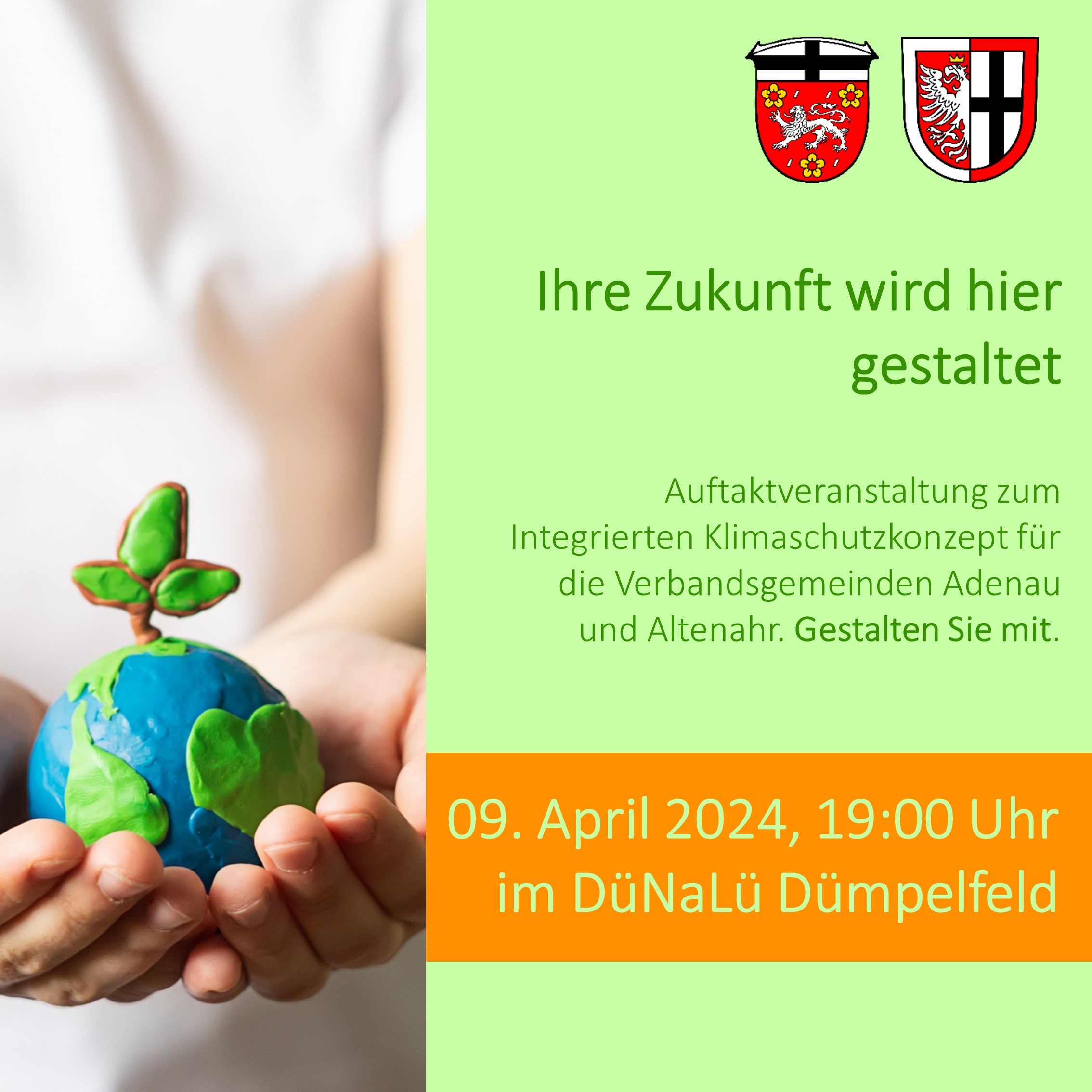 Es sind zwei Hände zu sehen die eine Weltkugel aus Knete halten. Rechts daneben befinden sich die Wappen der Verbandsgemeinden Adenau und Altenahr. Darunter ist eine kurze Zusammenfassung des Textes der Website zu finden.