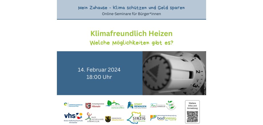 Neben dem Titel "Klimafreundlich Heizen, welche Möglichkeiten gibt es", wird das Datum der Onlineveranstaltung, 14. Februar 2024 18:00 Uhr, dargestellt. 