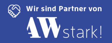 Logo mit blauem Hintergrund: Links ein Icon mit zwei sich schüttelnden Händen, daneben der Text ‚Wir sind Partner von‘. Darunter ein großer, stilisierter Schriftzug ‚AWstark!‘ in Weiß