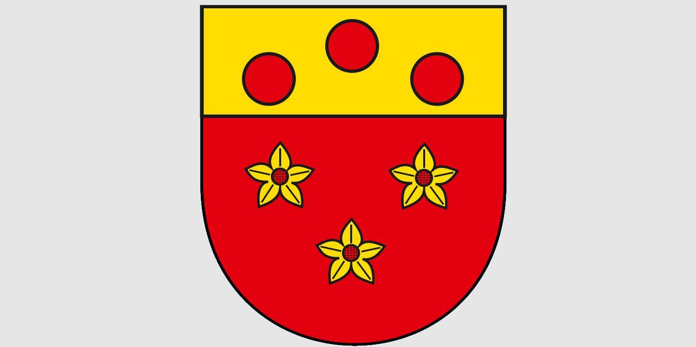 Das Wappen von Aremberg zeigt oben drei rote Kugeln auf gelben Grund und darunter drei goldenen Mispelblüten auf rotem Grund 