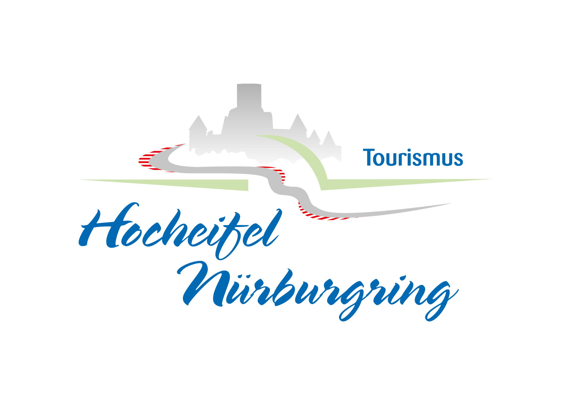 Das Logo zeigt eine stilisierte Rennstrecke mit rot-weißen Randsteinen, grüne Hügel, eine Burgsilhouette und die blauen Wörter „Tourismus Hocheifel Nürburgring“