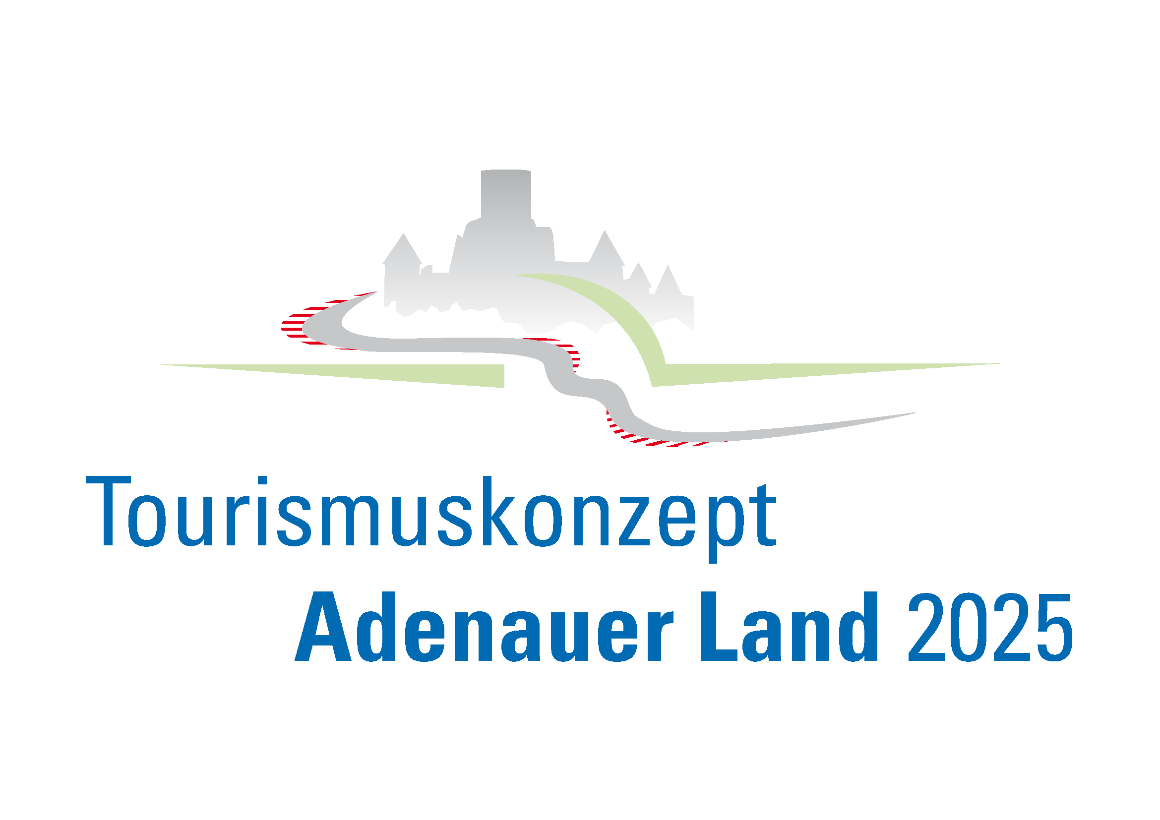 Logo mit dem Schriftzug Tourismuskonzept Adenauer Land 2025 darüber die Silhouette  Burgruine Nürburg mit der in rot angedeuteten Rennstrecke Nürburgring
