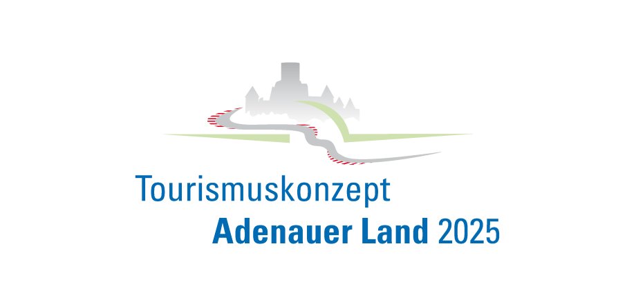 Tourismuskonzept Adenauer Land 2025 Logo mit dem Schriftzug Tourismuskonzept Adenauer Land 2025 darüber die Silhouette Burgruine Nürburg mit der in rot angedeuteten Rennstrecke Nürburgring