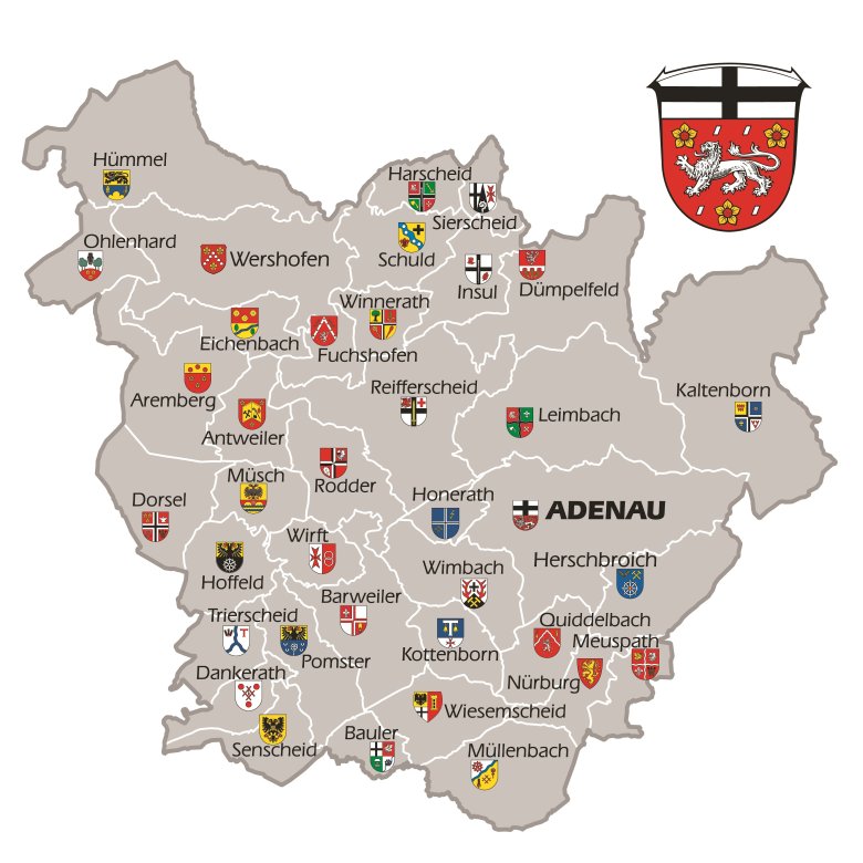 Karte der Region Adenau in Deutschland mit zahlreichen Ortsnamen und den jeweiligen Wappen der Gemeinden, darunter Adenau, Nürburg, Schuld, Dümpelfeld, Wimbach und viele weitere