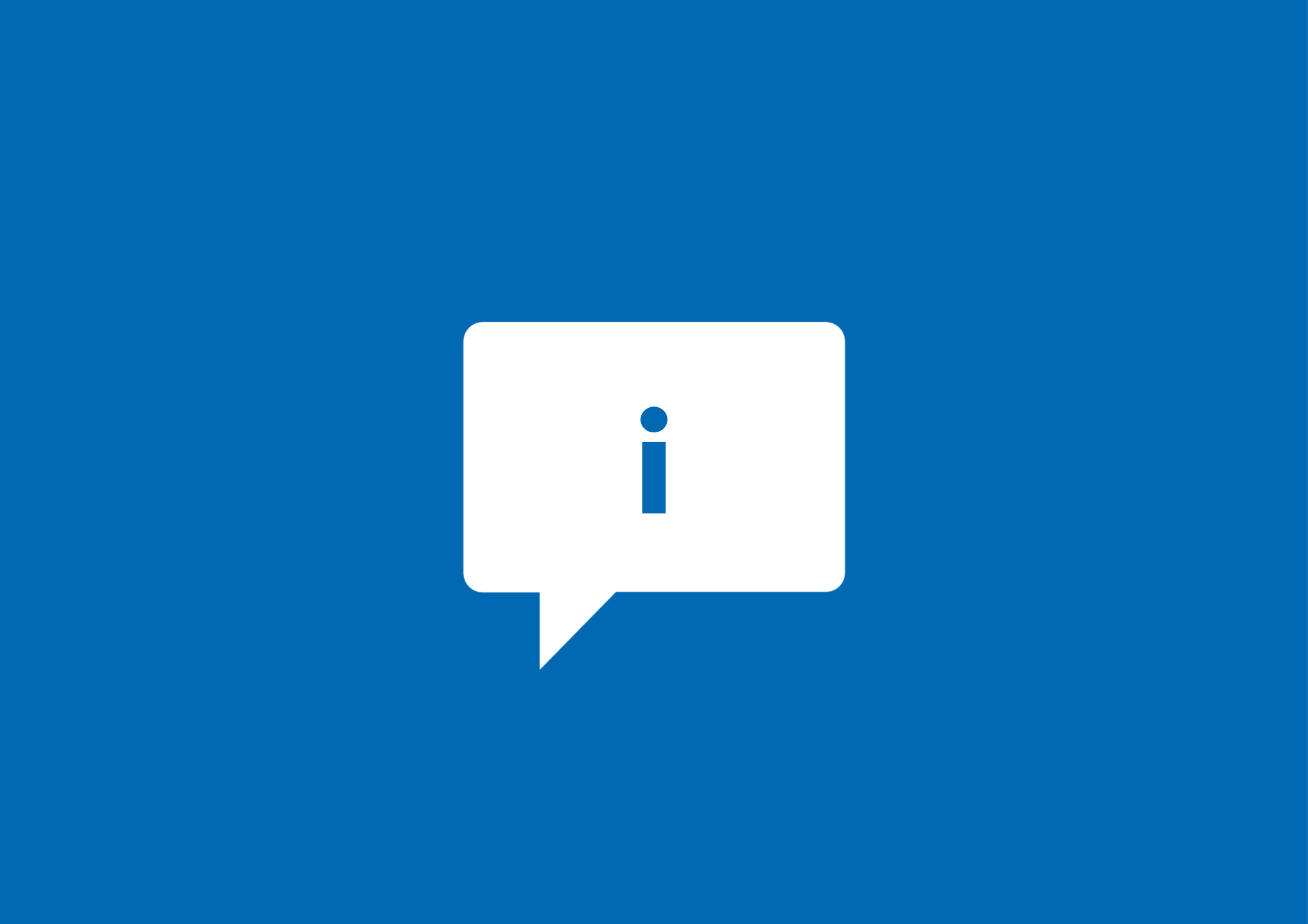 Weißes Piktogramm auf blauem Hintergrund. Das Piktogramm zeigt ein Informationssymbol („i“).