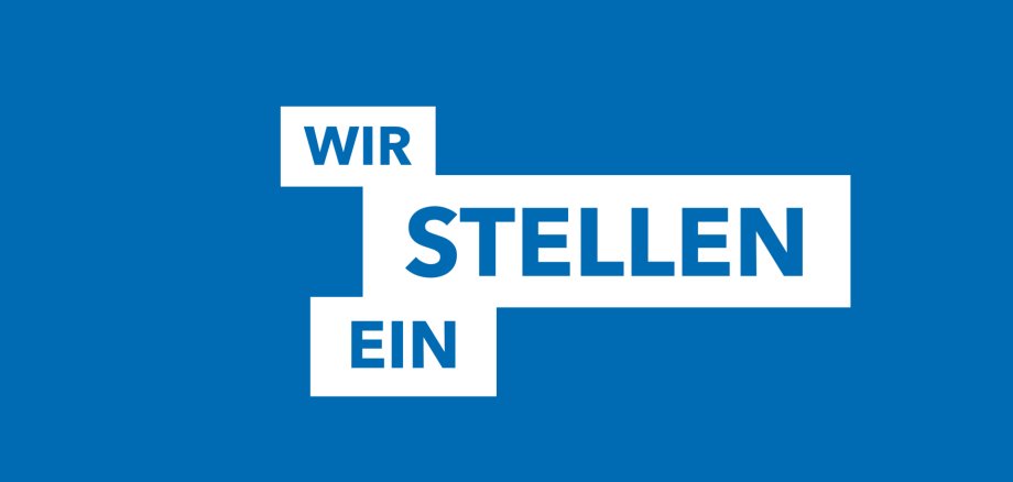 WIR STELLEN EIN Das Bild zeigt eine grafische Darstellung mit dem Text „WIR STELLEN EIN“ auf blauem Hintergrund.