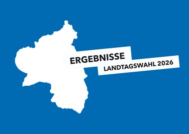 Weiße Silhouette vom Bundesland Rheinland-Pfalz auf blauem Hintergrund. Darüber liegt ein weißes Banner mit der schwarzen Aufschrift „Ergebnisse Landtagswahl 2026“.