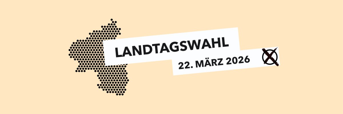 Stilisierte Karte von Rheinland-Pfalz aus schwarzen Sechsecken. Darüber ein weißes Banner mit schwarzer Schrift: „Landtagswahl 22. März 2026“. Rechts daneben ein schwarzer Kreis mit einem weißen X als Symbol für eine Stimmabgabe.